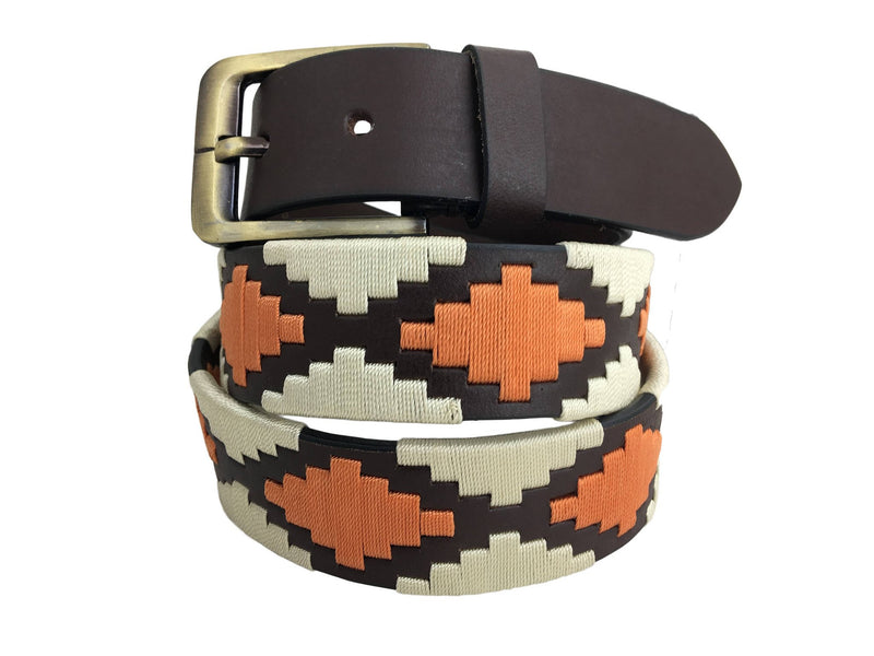 CARLOS DIAZ Mens Womens Premium Unisex Brown Leather Embroidered Designer Polo Belt