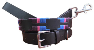 Udaondo polo dog collar and lead set by Carlos Diaz, full-grain leather, hand-embroidered blue, pink and purple waxed threads