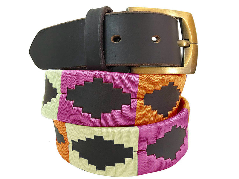 CARLOS DIAZ Mens Womens Premium Unisex Brown Leather Embroidered Designer Polo Belt