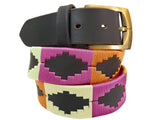 CARLOS DIAZ Mens Womens Premium Unisex Brown Leather Embroidered Designer Polo Belt