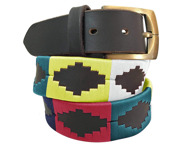 CARLOS DIAZ Mens Womens Premium Unisex Brown Leather Embroidered Designer Polo Belt